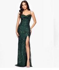 Blondie Nites Green Sequin Embellished Halter Gown With Side Slit Size 3
