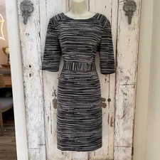 Trina Turk Size 10 Woman's Black Gray Striped Knit Sheath Career Dress