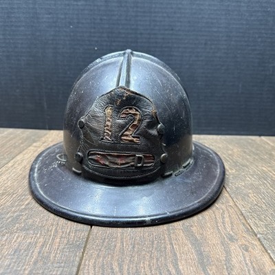 Vintage Fire Department Black Helmet Number Leather 12 Helmet Shield