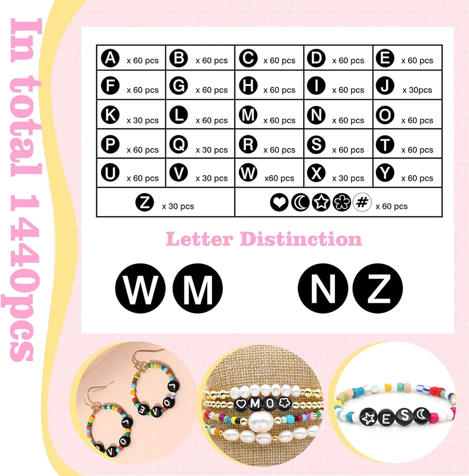 1440 Piezas 4X7Mm Negro Redondo Acrílico Alfabeto Cuentas Blanco Letra a Z y Pat Foto 3 de 4