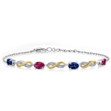 2.25 Ct Created Sapphire Created Ruby 925 Silver and 10K Yellow Gold Bracelet