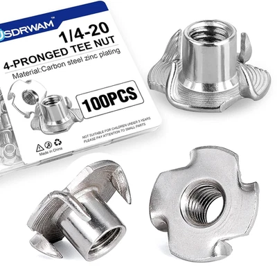100 Pack 1/4"-20 T Nuts for Wood, Zinc-Plated Carbon Steel 4-Prong Tee Nuts for