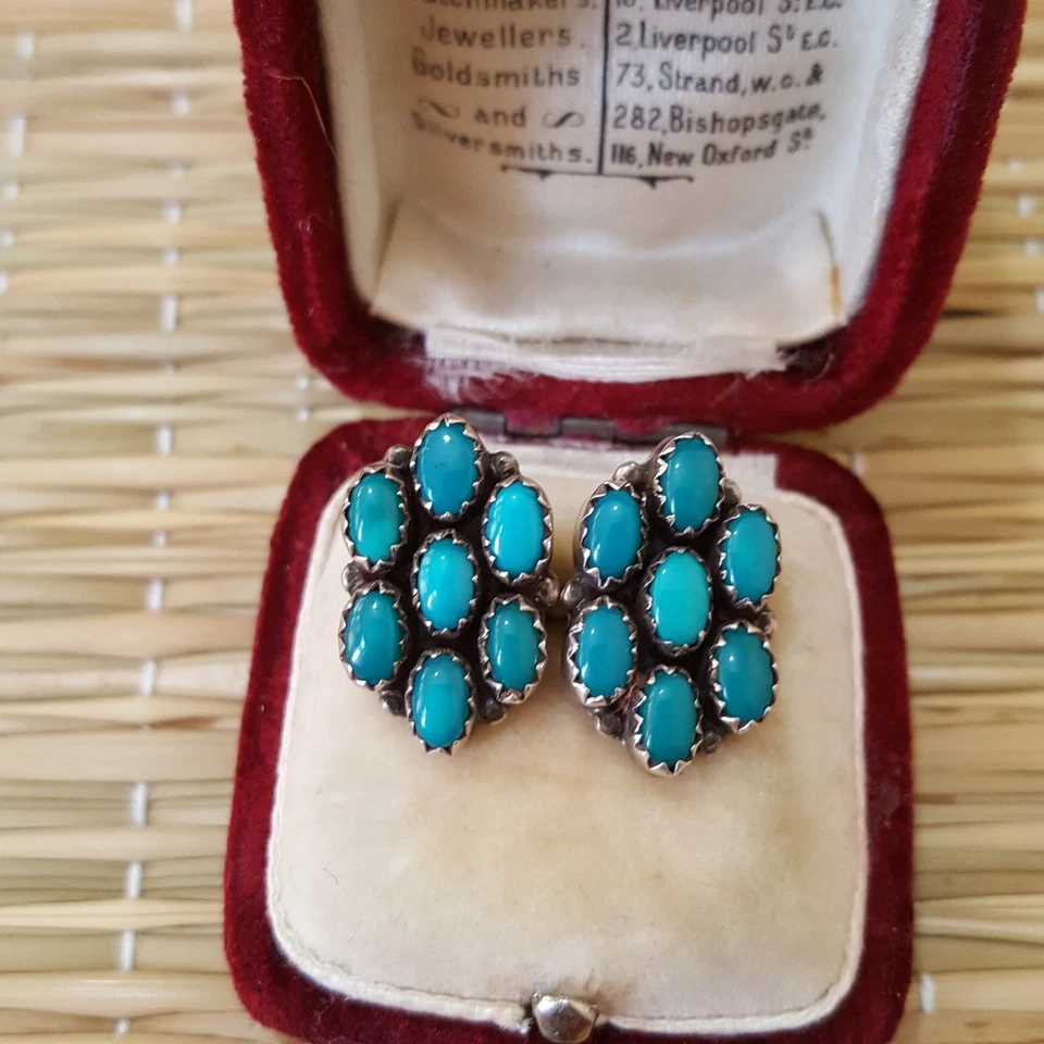 Aretes vintage de plata de ley 925, turquesa genuina, nativos americanos  Foto 4 de 4