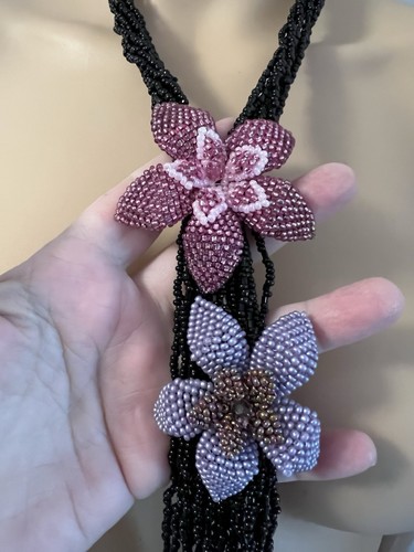 Black Glass Seeds Beads Lariat Purple Pink Beaded Flowers Fringe Necklace - Picture 2 of 13