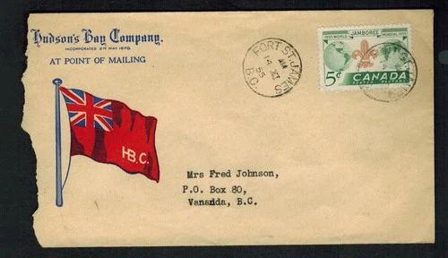 Canada 1955 5¢ Scouting, Fort St. James BC cds Hudson's Bay Flag cachet