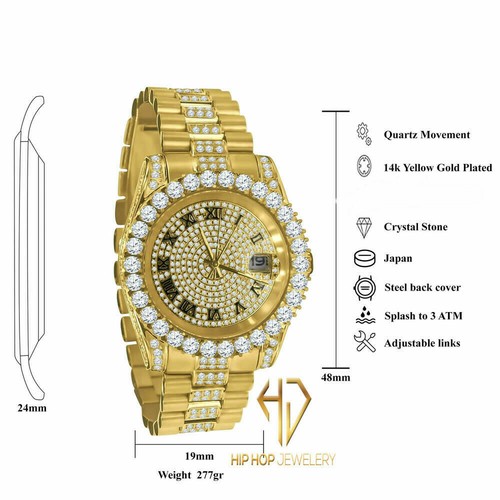 18K Yellow Gold Tone Stainless Steel Simulated Diamonds Presidential Watch 41mm - Picture 5 of 9