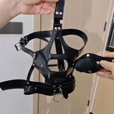 Newest PVC Leather Head Hood Harness Mouth Gag Detachable Plug Restraint Bondage