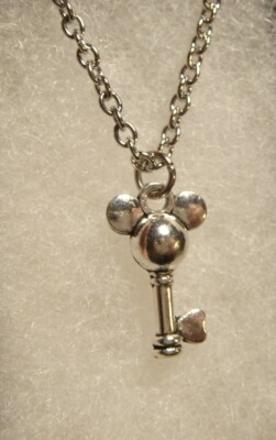 Silver Mickey Mouse Key Shaped Pendant on Silver Necklace Chain!!