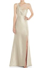Alfred Sung Draped One-Shoulder Satin Trumpet Gown with Front Slit, 2
