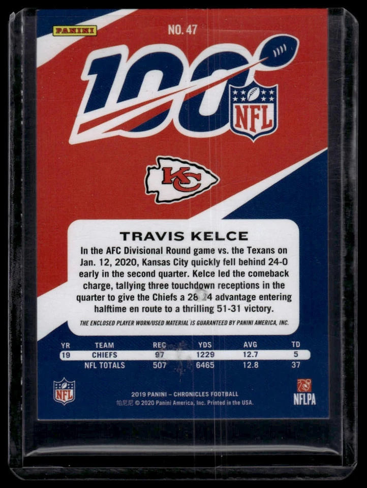 2019 Panini Chronicles PLAYER WORN Travis Kelce NFL 100 Blue #/99 - Image 2 of 2