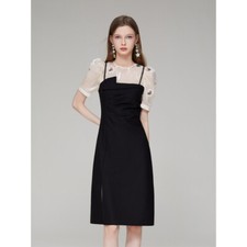 Retro Women Splicing Short Puff Sleeve High Waist Mid Long Slit Dress Round Neck