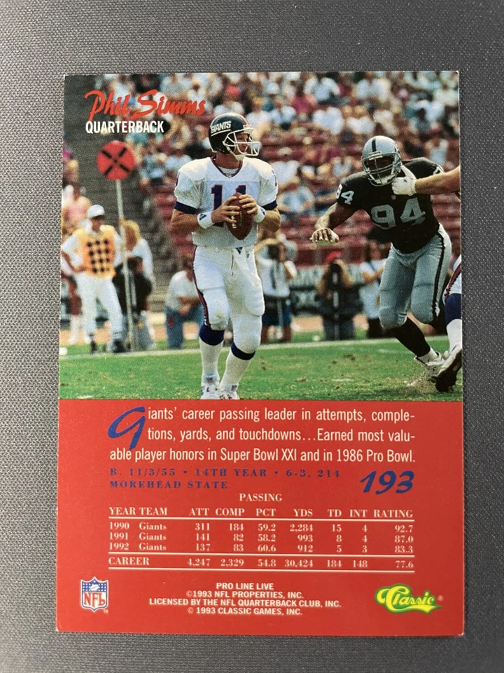 1993 Pro Line Live #193 Phil Simms - Image 2 of 2
