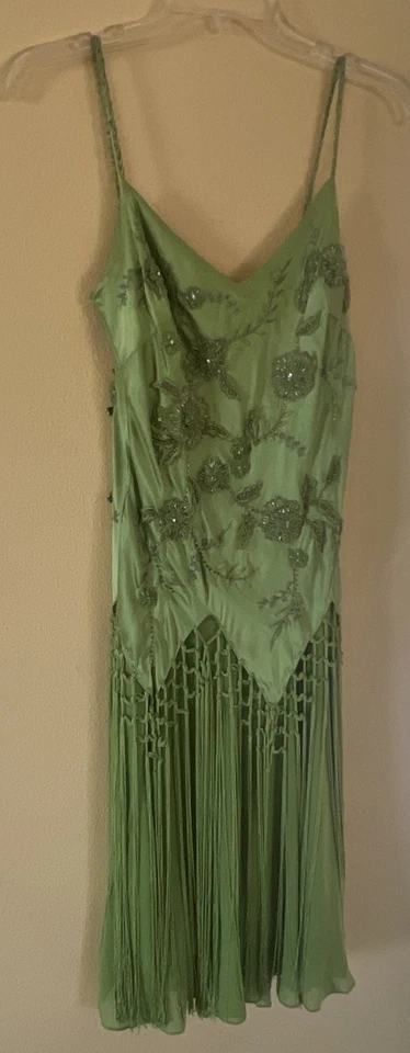 Sue Wong Nocturne Vtg Silk Dress Sz 8 Green Slip Beaded Fairy 90s Y2K Flapper - Image 3 of 4