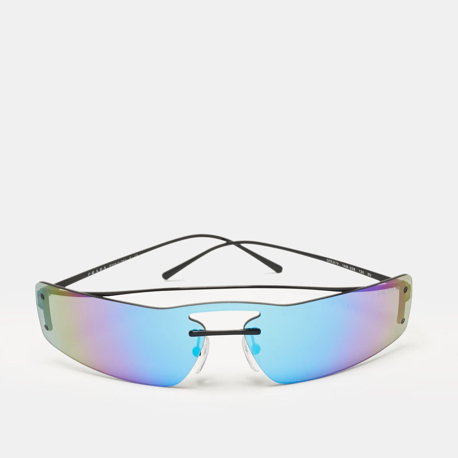 Prada SPR61V Iridescent Blue Black Rectangular Shield Sunglasses