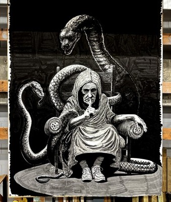 Original Pen and Ink Drawing of Lady and her Snakes