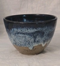 Japanese Style Stoneware Matcha Bowl Wabi Sabi Ocean Drip Glaze Artisan Signed