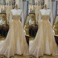 Victorian Vintage Satin Wedding Dresses Long Sleeves A Line Train Bridal Gowns