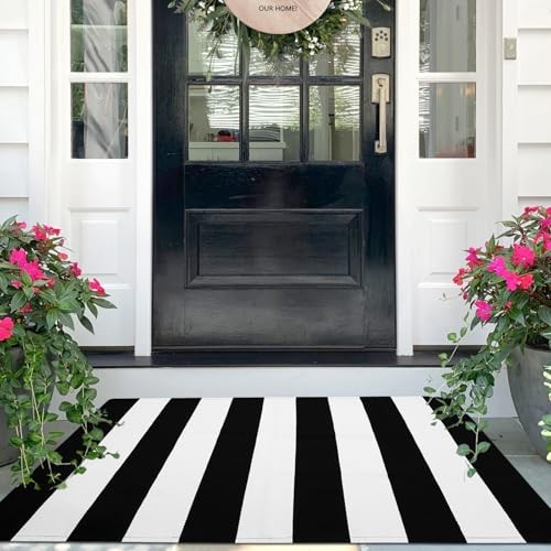 Schwarz weiß gestreifter Teppich - 27,5" x 43" Haustürmatten Outdoor, waschbarer Teppich für - Bild 1 von 6