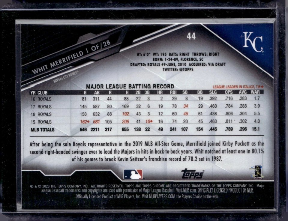 Whit Merrifield 2020 Topps Chrome Black Baseball Card #44 Kansas City Royals - Image 2 of 2