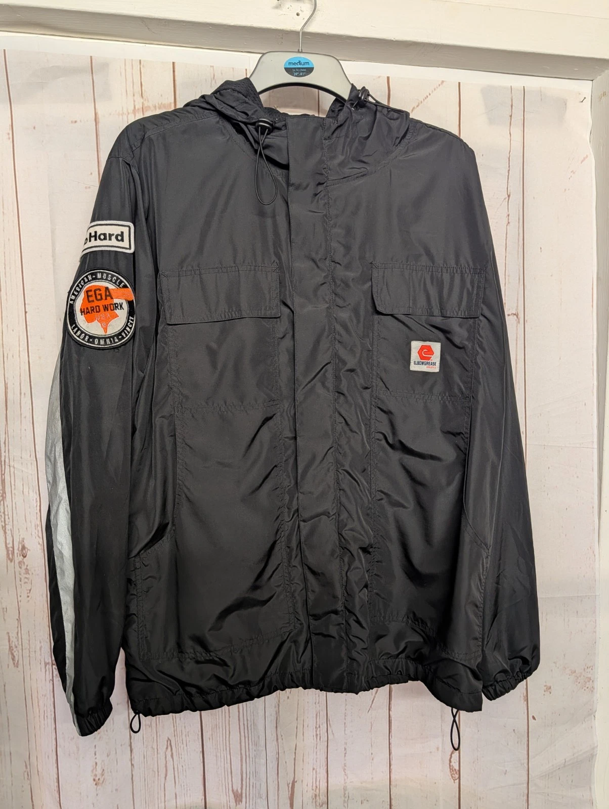 Elbow Grease Lightweight windbreaker Jacket In Black With Patches Size Medium