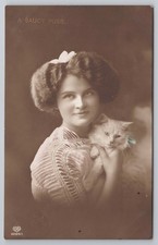 RPPC A Saucy Puss Woman Holding Kitten Cat EAS 8029 1 Schwerdtfeger