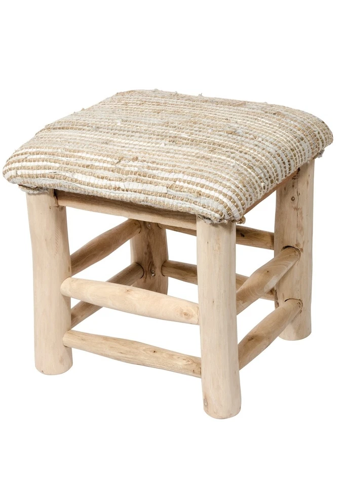 Mango Wood Stool Handmade Solid Hemp Leather Natural Brown Multi Colour Seat - Image 3 of 4