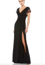 MAC DUGGAL 55709 EMBELLISHED SLEEVE JERSEY WRAP BLACK MULTI GOWN sz 4