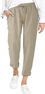 Women's Summer High Waist Linen-Like Taper Leg Comfy Beach Crop Pants