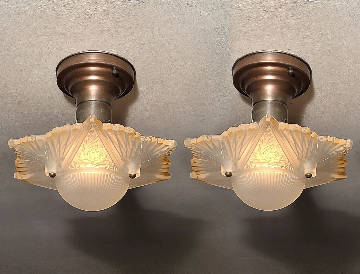 PAIR Restored Antique Art Deco 1930 CONSOLIDATED Light Fixtures Flush Mount