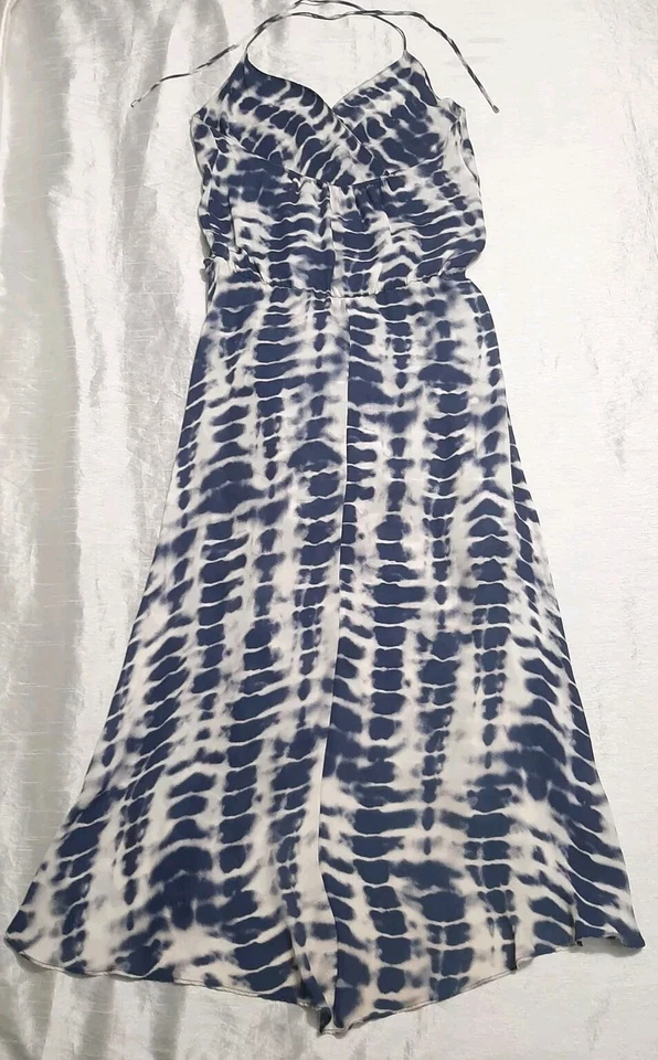 Vestido Halter Haute Hippie XS 100 % Seda Alto Bajo Imitación Envoltura Cuello en V Azul Tie Dye Boho Foto 2 de 4