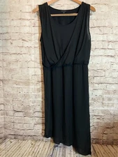 H By Halston Midi Dress Womens 6 Black Asymmetric Hem Side Slit Draped LBD