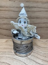 Vintage Wind Up Musical Moving Jester Clown In Drum Silver WORKS