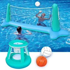 Inflatable Pool Float Game Set with Inflatable Volleyball Net & Basketball Hoops