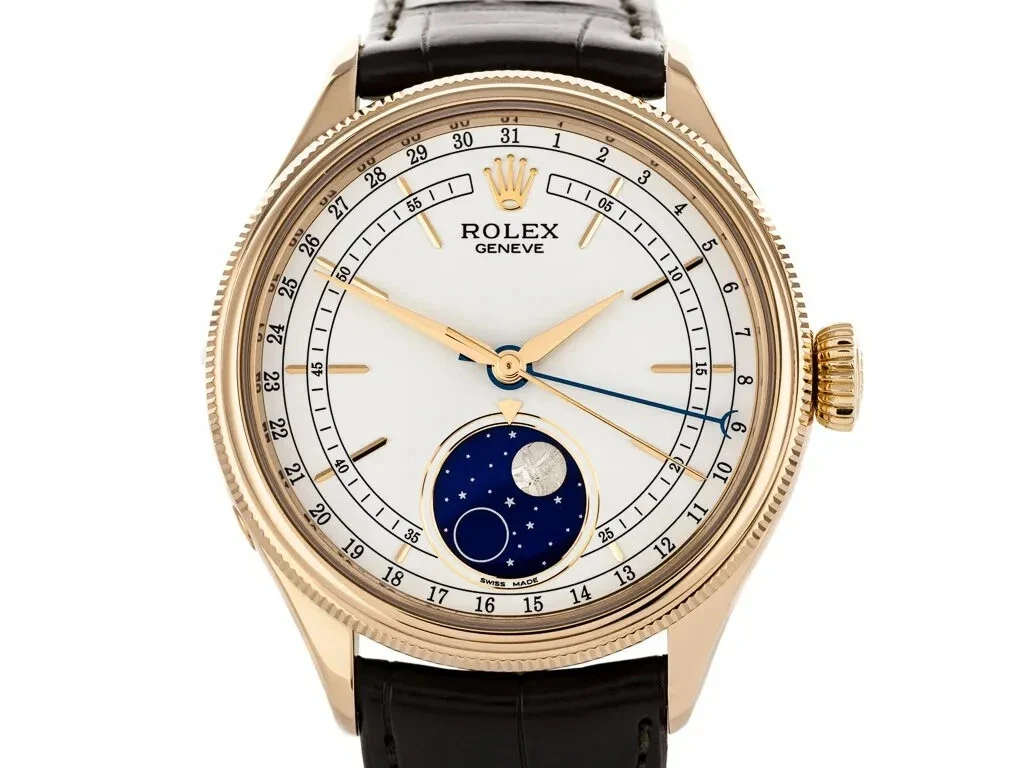 Rolex Cellini Moonphase Watch Ref 50535 Rose Gold Leather Strap