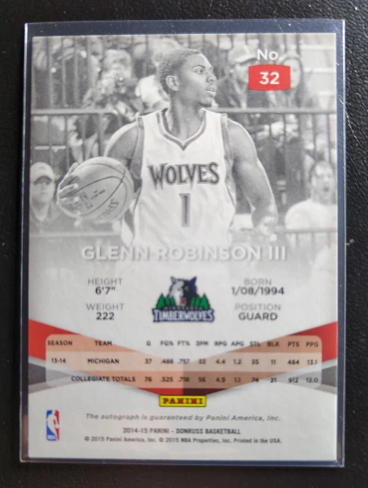 Glenn Robinson III/199 Rookie Auto 2014-15 Donruss Elite #32 RC Wolves 🔥🔥🔥 Foto 2 de 2
