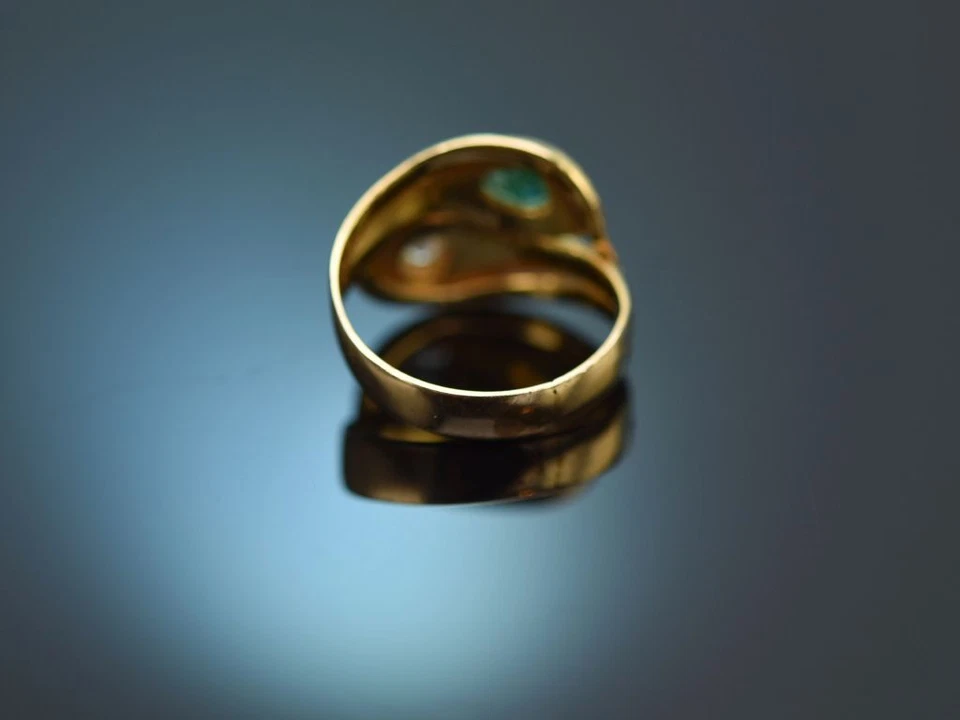 ENGLISCHER SCHLANGEN RING MIT SMARAGD UND ALTSCHLIFF DIAMANT GOLD 750 UM 1900 - Bild 4 von 4