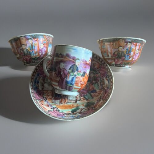 Antico set mandarino cinese, 2 ciotole da tè, 1 piattino e 1 tazza da caffè, XVIII secolo