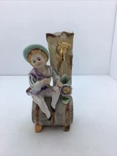 Vintage Porcelain Hand Painted Bud Vase Boy On Keg Water Barrel Fountain