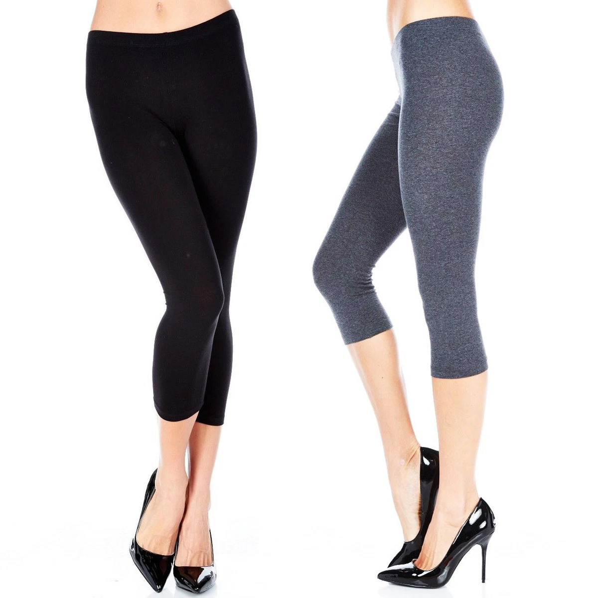 Cotton Spandex Capri Leggings Below Knee Plain Solid Stretchy Capris (S-3X)