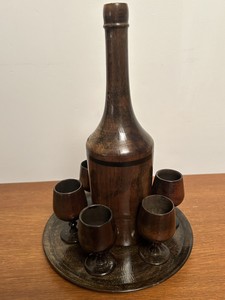 Vintage Carved Wooden Mini Cordial Bottle & Tray Cup Collectible Display Set