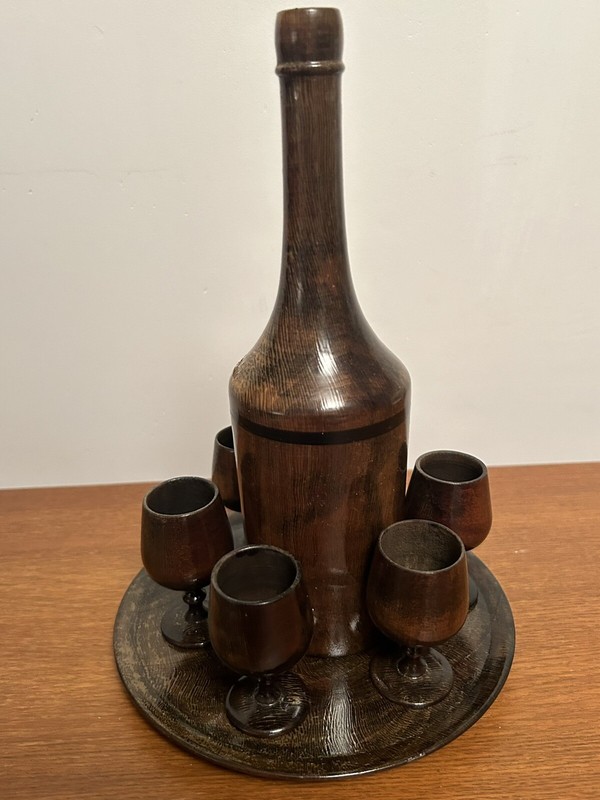 Vintage Carved Wooden Mini Cordial Bottle & Tray Cup Collectible Display Set