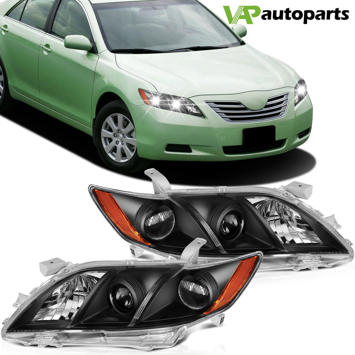 Pair Of Headlight Assemblies For 2007-2009 Toyota Camry - Projector Style, Black & Amber Trim, Halogen