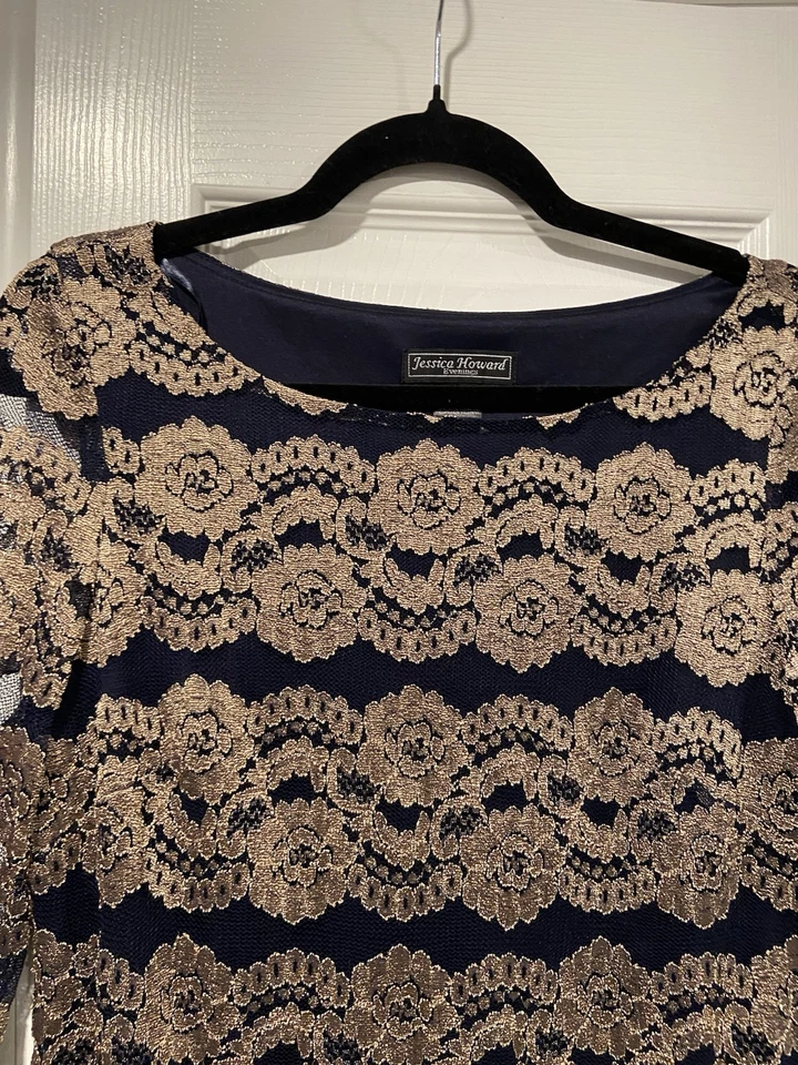 Платье-футляр Jessica Howard Evenings размер 12 с длинным рукавом темно-синее золотистое кружевное - Изображение 2 из 4