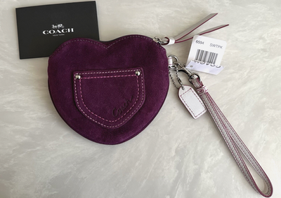 NWT COACH VALENTINE SUEDE & LEATHER PURPLE/PINK HEART WRISTLET
