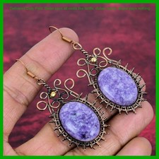 Oval Lepidolite Stone Copper Wedding Wire Wrapped Drop Dangle Earrings Jewelry
