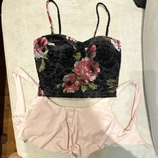 2 Tops Women s Black/Pink Floral Lace Bustier Corset Top, Spaghetti Straps, M B