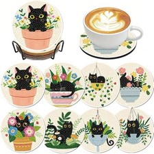 8 Pcs Black DIY 5D Small Diamond Painting Coasters Kit with Holder, Bdwy176