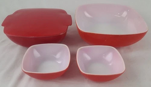 Vintage Pyrex Red Mixing Bowl Set 4 Pieces Ovenware Made In USA