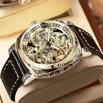 Men's Golden Tone Automatic Mechanical Watch Carved Hollow Skeleton Dial Luxury