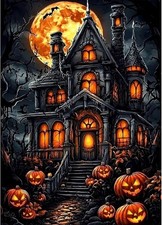 Haunted House 5D Diamond Drill Dot Art Kit Jack-O-Lanterns Full Moon Pumpkins